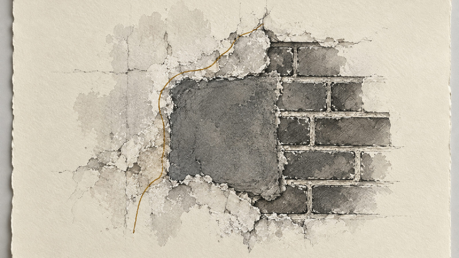 Illustrative sketch: efflorescence and spalling at the edges of a cement patch on lime stucco, with a possible diverted moisture route.