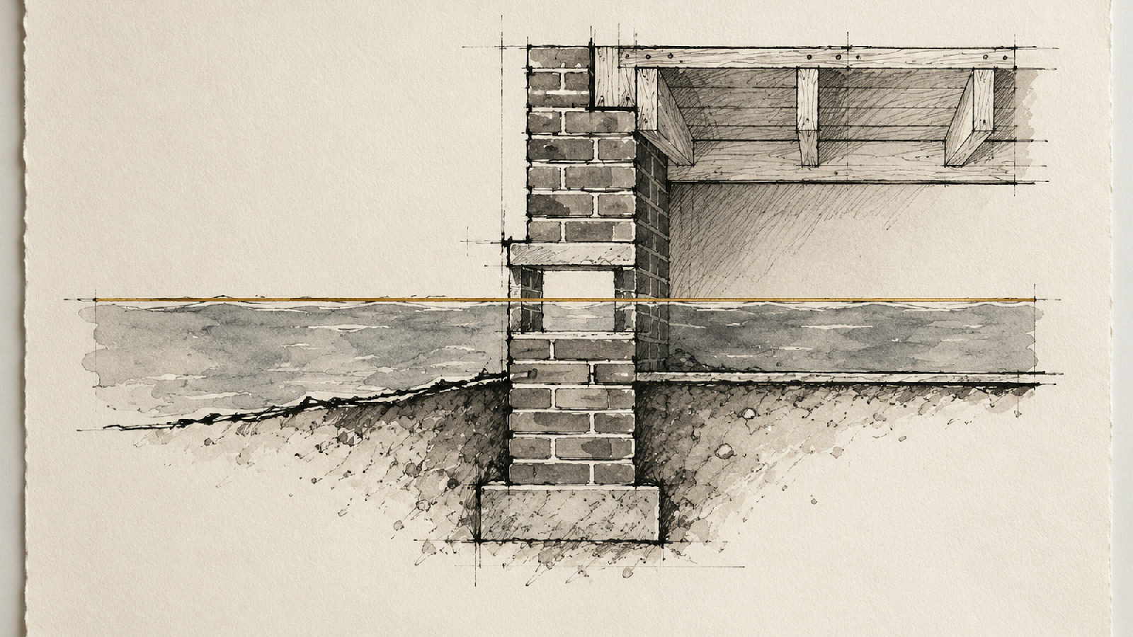 Illustrative sketch: a flood vent lets water rise equally on both sides of a historic brick foundation wall.