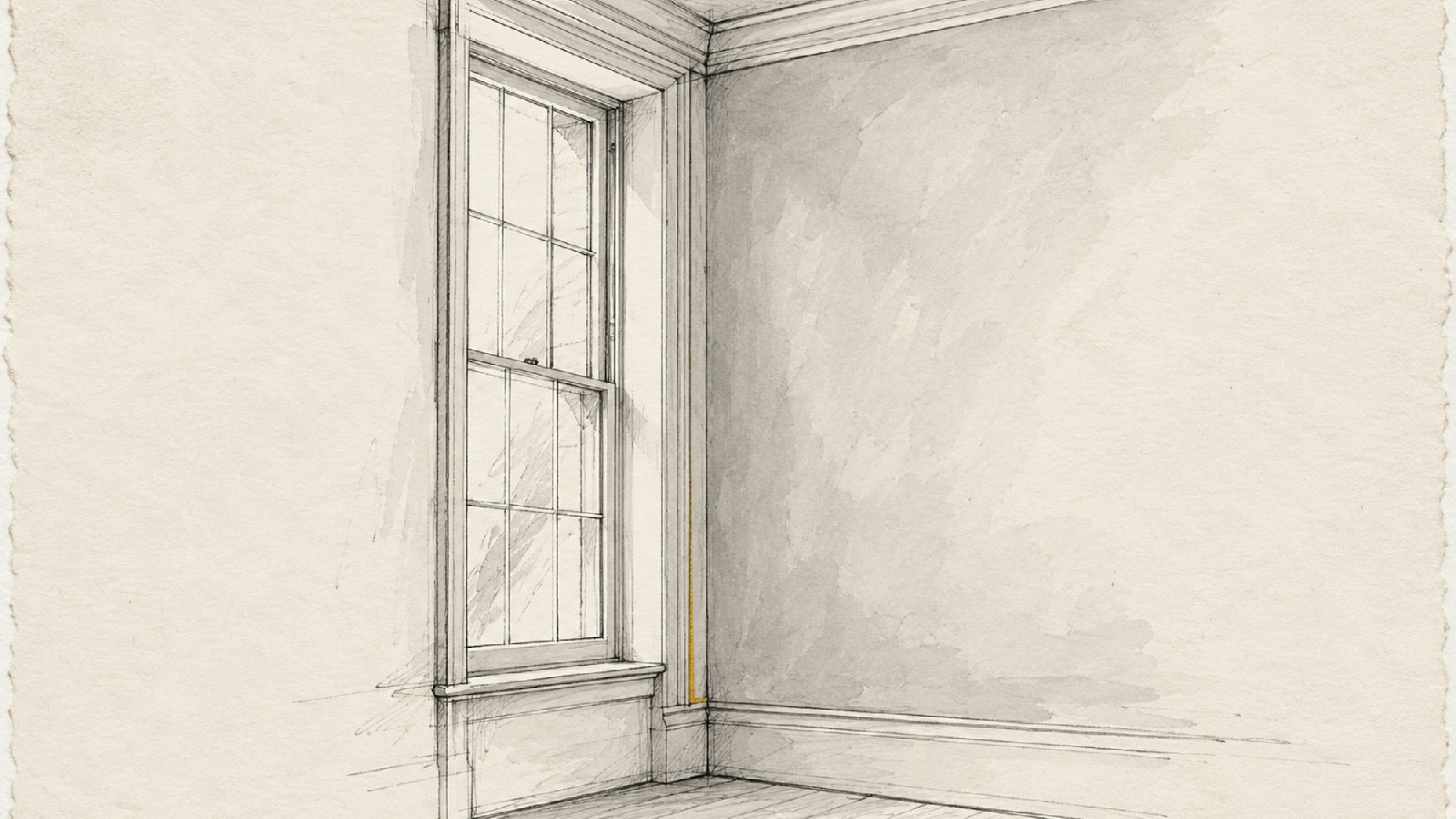 Illustrative sketch: A fine plaster wall meets retained window casing and cornice.
