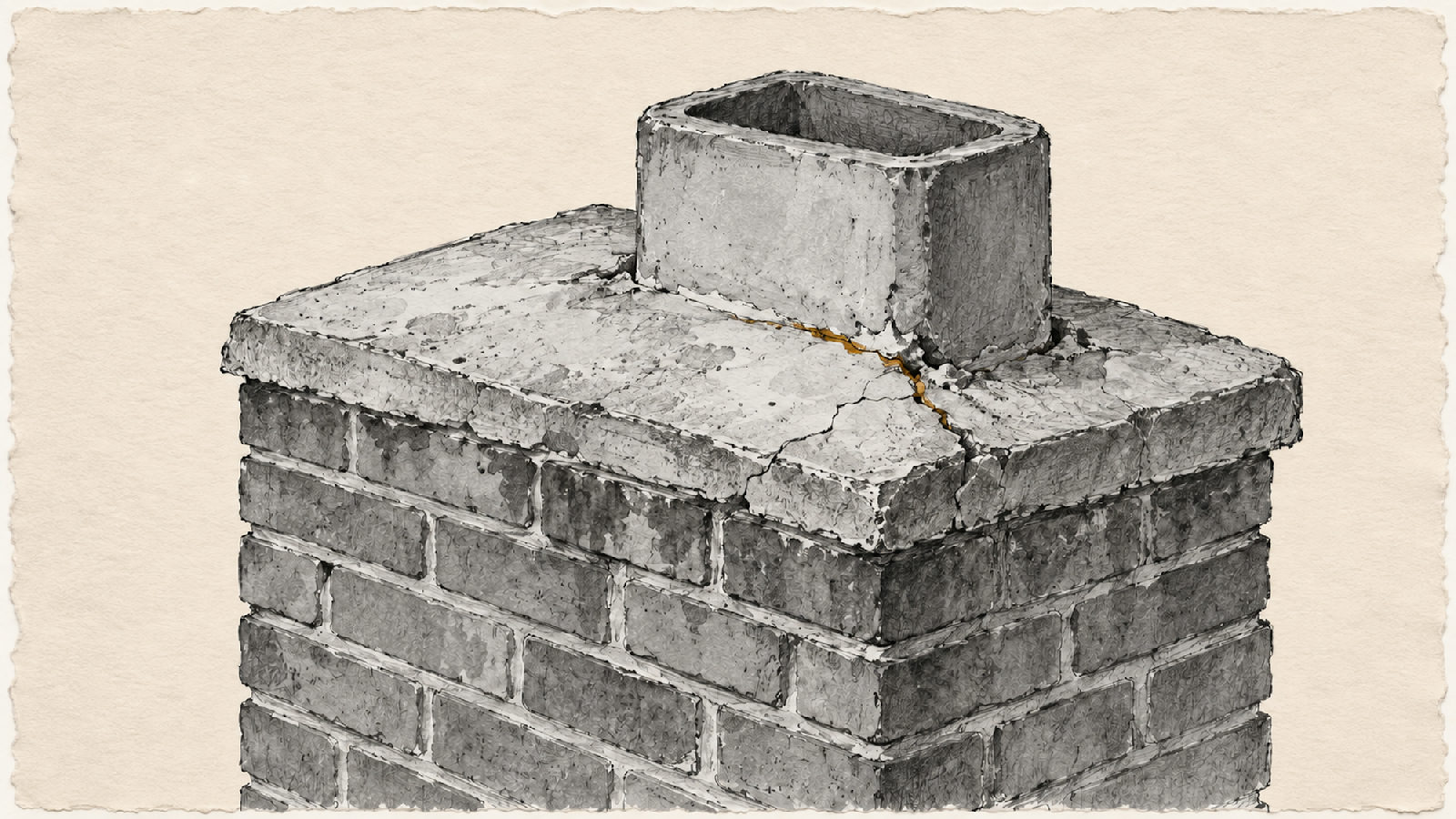 Illustrative sketch: a cracked chimney crown above the upper brick courses.